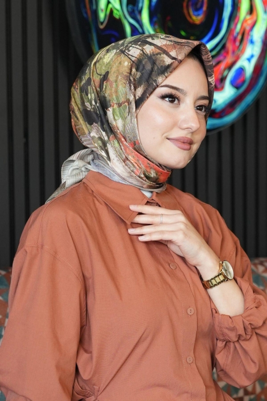 Doğa Desen Gri Soft Pamuk Eşarp - 3