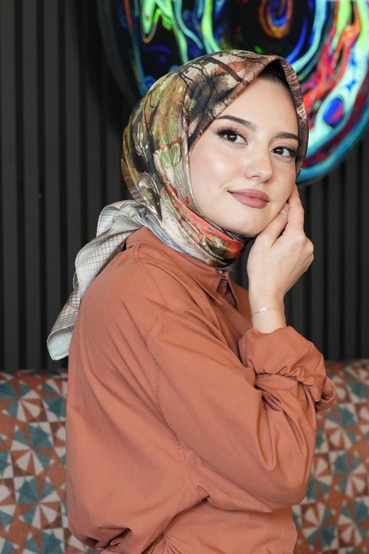 Doğa Desen Gri Soft Pamuk Eşarp - 5