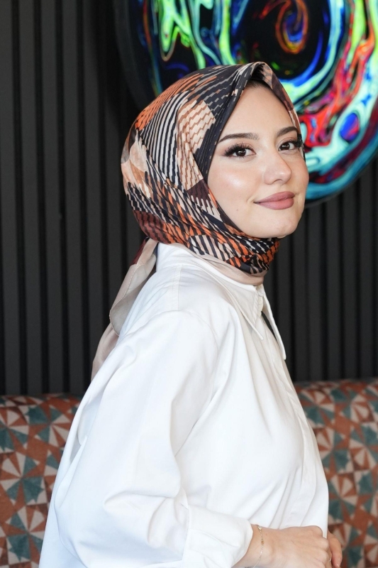 Soyut Desen Açık Kahverengi Soft Pamuk Eşarp - 1