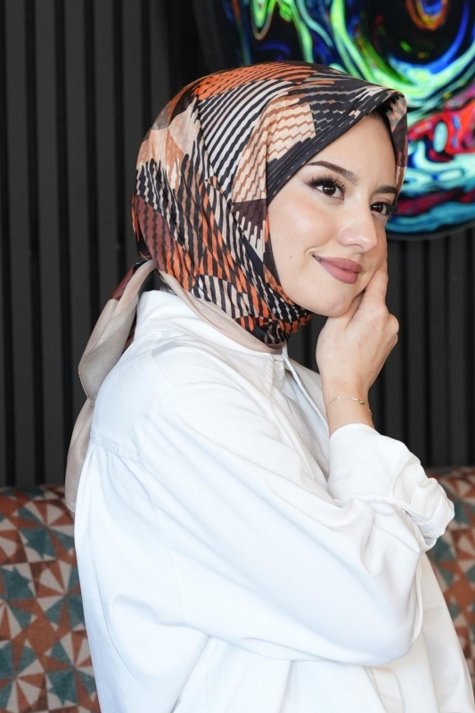 Soyut Desen Açık Kahverengi Soft Pamuk Eşarp - 2