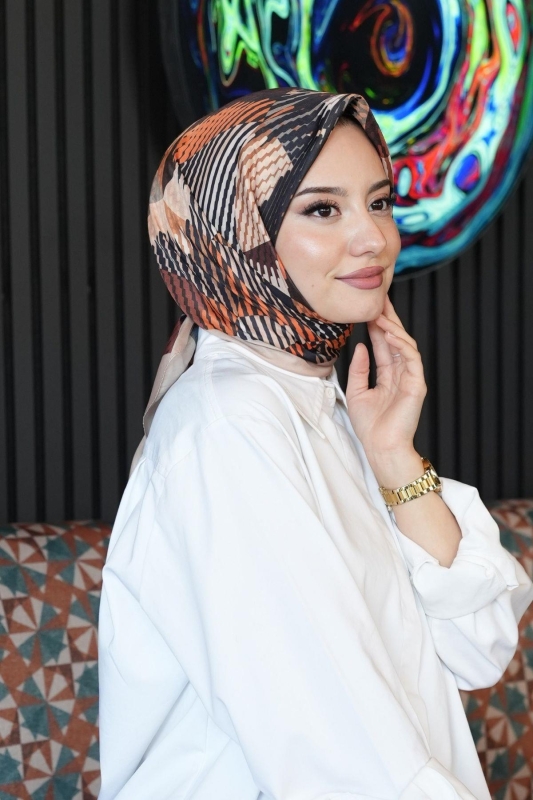 Soyut Desen Açık Kahverengi Soft Pamuk Eşarp - 3