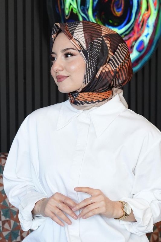 Soyut Desen Açık Kahverengi Soft Pamuk Eşarp - 4