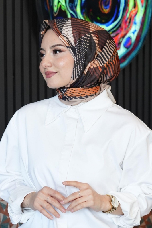 Soyut Desen Açık Kahverengi Soft Pamuk Eşarp - 5