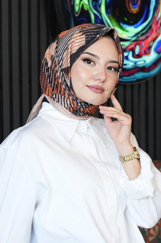 Soyut Desen Açık Kahverengi Soft Pamuk Eşarp - 6