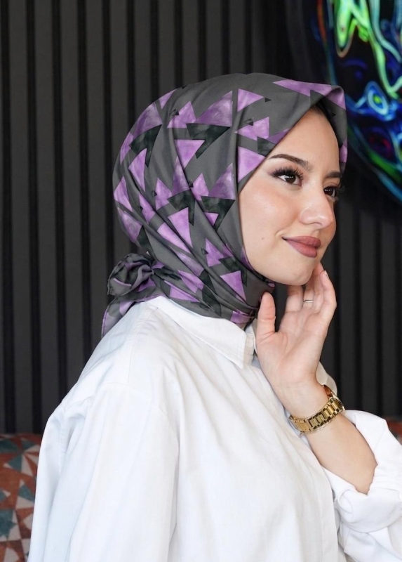 Üçgen Desen Mor Soft Pamuk Eşarp - 1