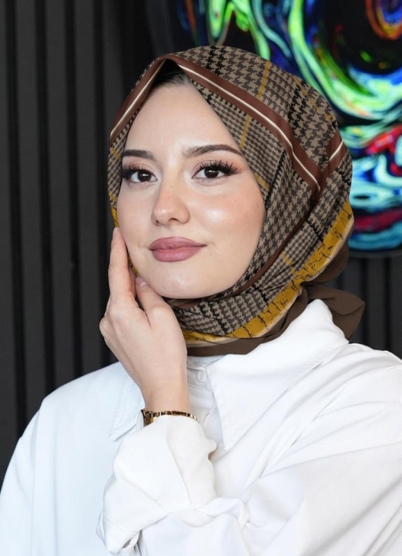 Soyut Desen Kahverengi Soft Pamuk Eşarp - 1