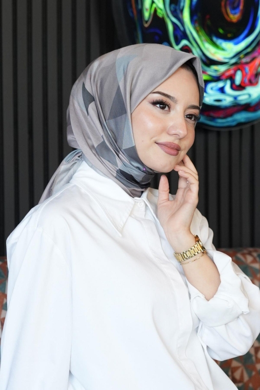 Üçgen Desen Gri Soft Pamuk Eşarp - 3