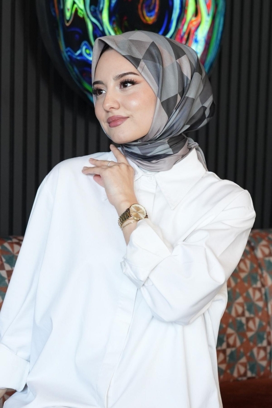 Üçgen Desen Gri Soft Pamuk Eşarp - 4