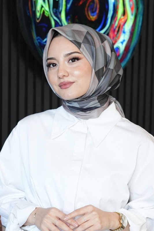 Üçgen Desen Gri Soft Pamuk Eşarp - 5