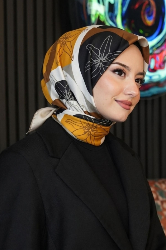 Çiçek Desen Sarı Soft Pamuk Eşarp - 1