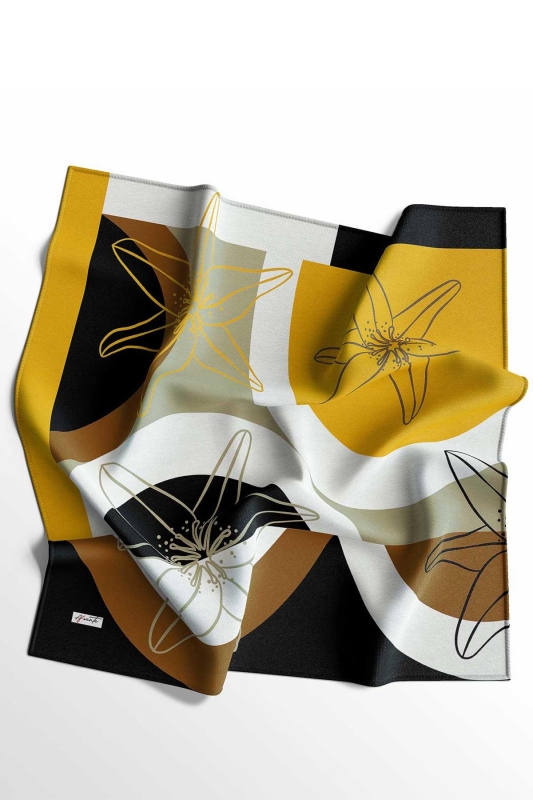 Çiçek Desen Sarı Soft Pamuk Eşarp - 2