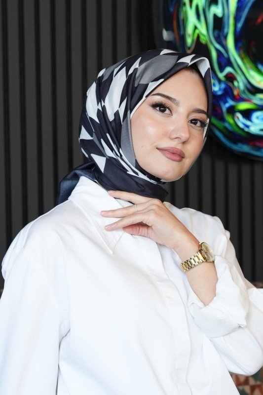 Geometrik Desen Siyah - Beyaz Soft Pamuk Eşarp - 2