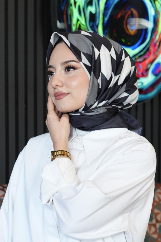 Geometrik Desen Siyah - Beyaz Soft Pamuk Eşarp - 3