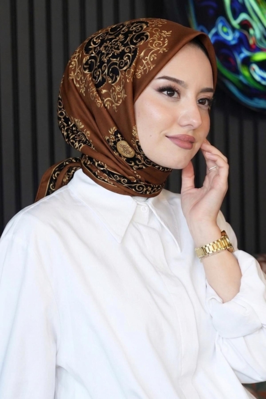 Etnik Desen Kahverengi Soft Pamuk Eşarp - 1