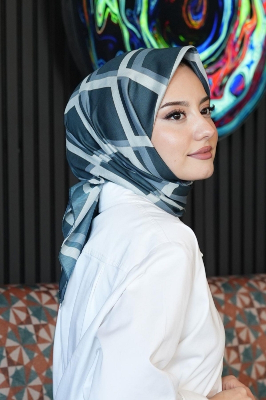 Geometrik Desen Mavi Soft Pamuk Eşarp - 1