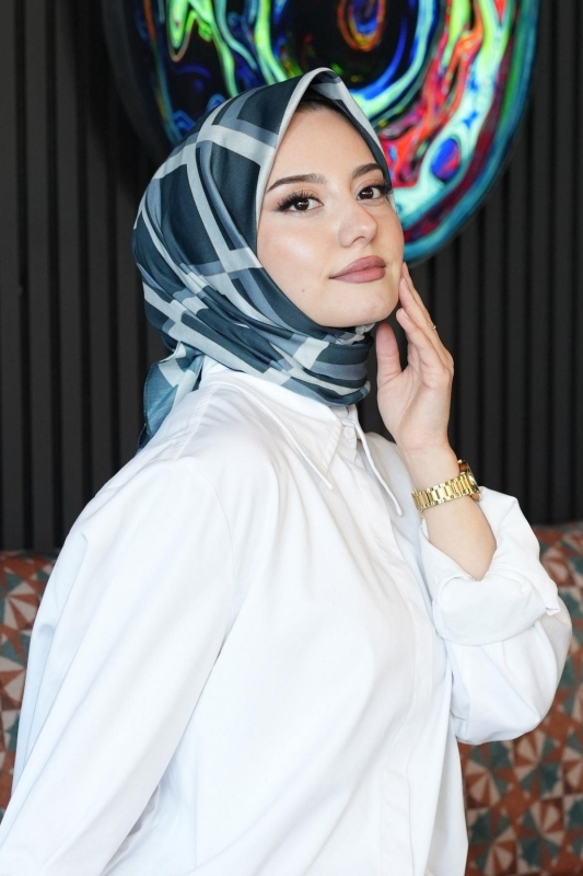 Geometrik Desen Mavi Soft Pamuk Eşarp - 2