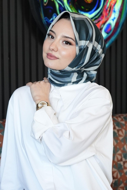 Geometrik Desen Mavi Soft Pamuk Eşarp - 3