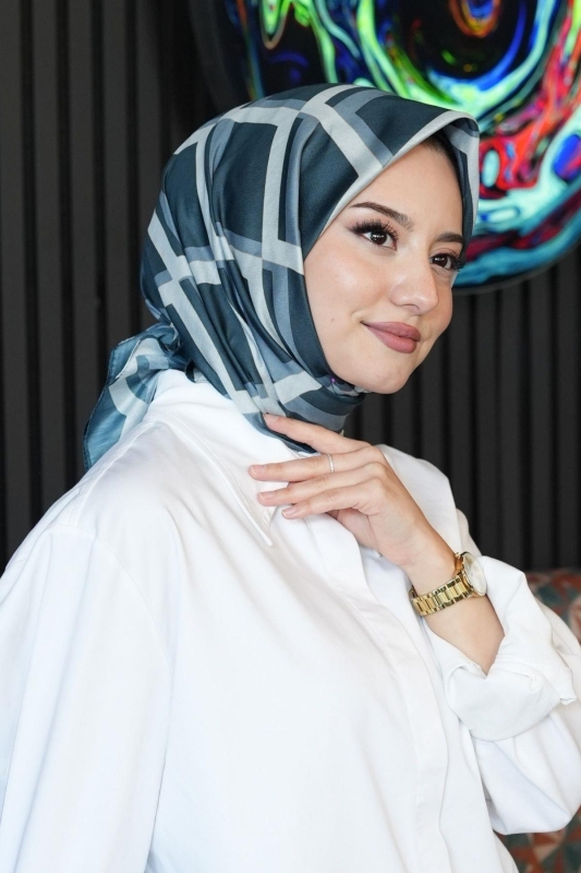 Geometrik Desen Mavi Soft Pamuk Eşarp - 4