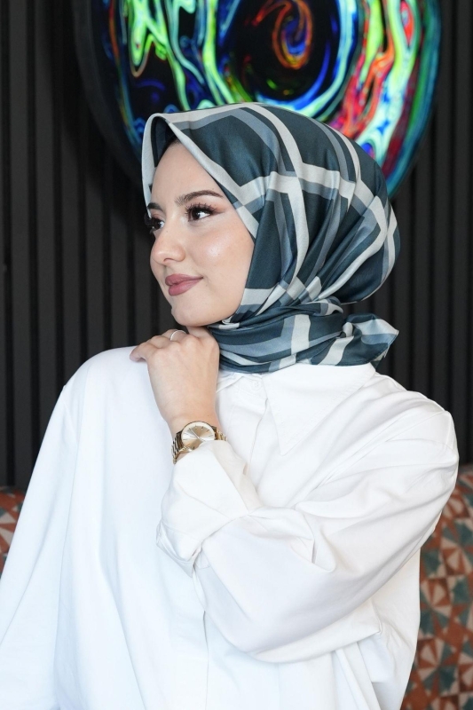 Geometrik Desen Mavi Soft Pamuk Eşarp - 5