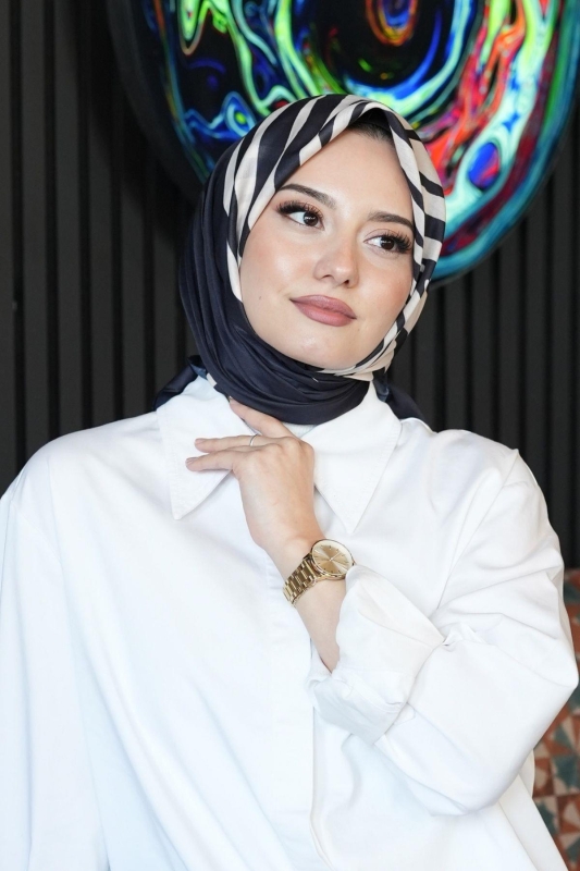 Geometrik Desen Siyah - Beyaz Soft Pamuk Eşarp - 3