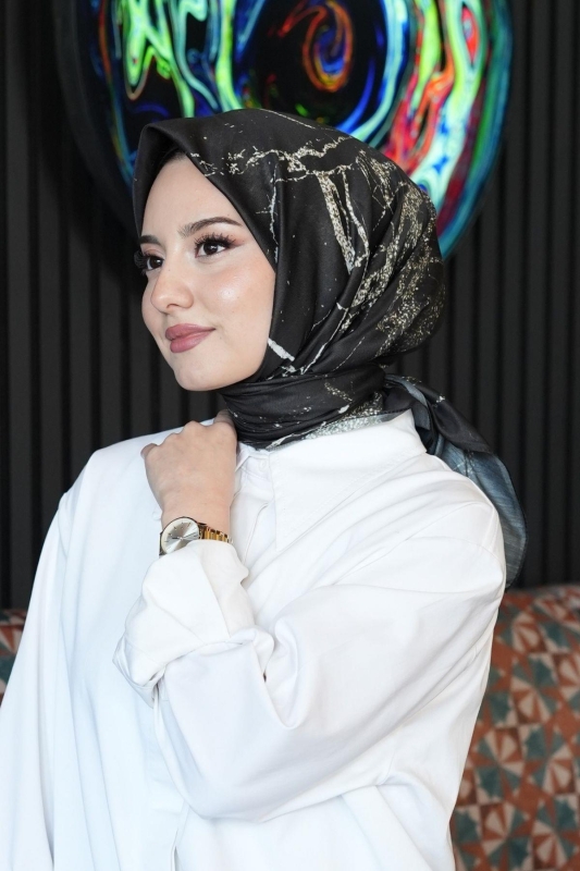 Mermer Desen Siyah Soft Pamuk Eşarp - 3
