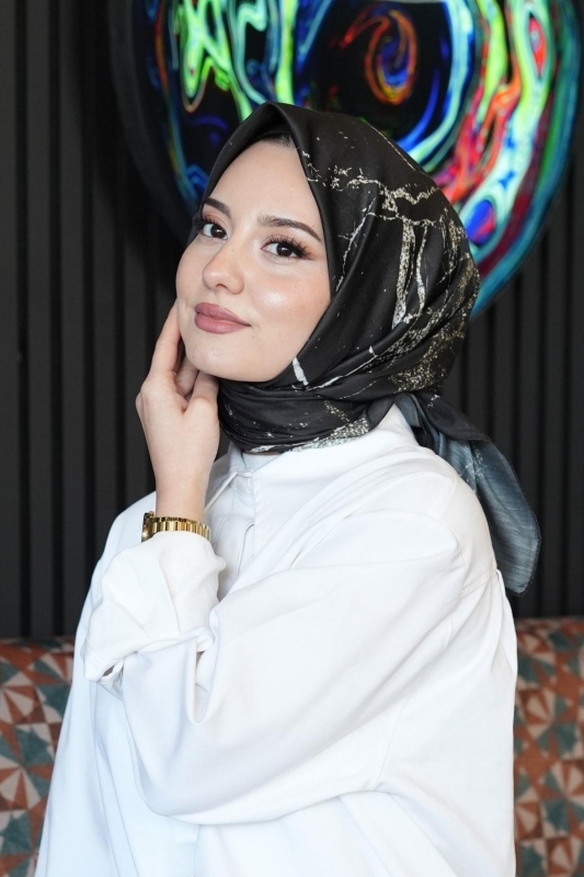 Mermer Desen Siyah Soft Pamuk Eşarp - 4