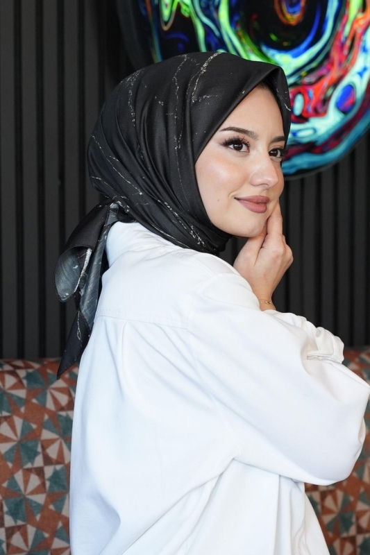 Mermer Desen Siyah Soft Pamuk Eşarp - 5