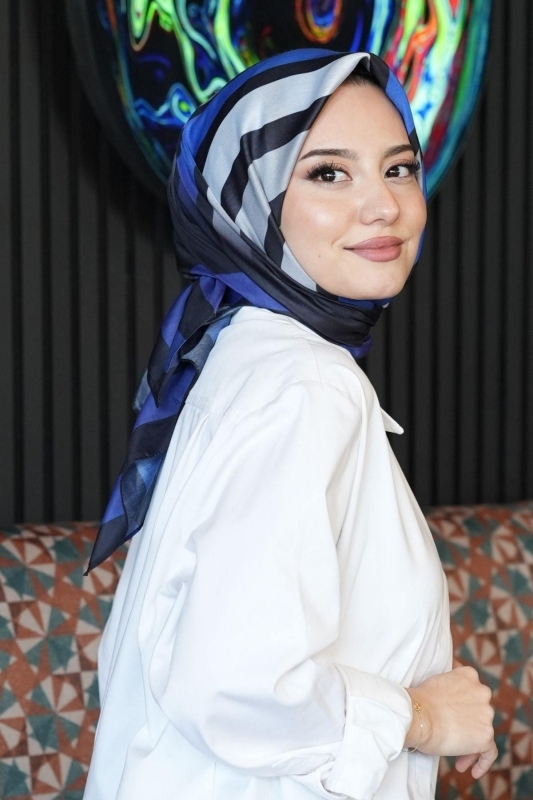 Çizgili Desen Mavi Soft Pamuk Eşarp - 1