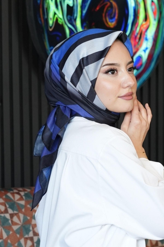 Çizgili Desen Mavi Soft Pamuk Eşarp - 5
