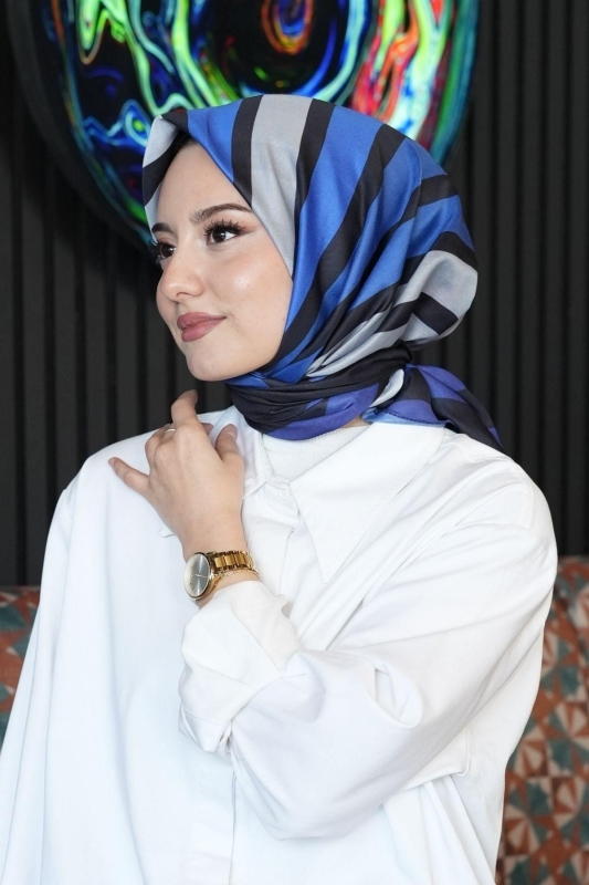 Çizgili Desen Mavi Soft Pamuk Eşarp - 2
