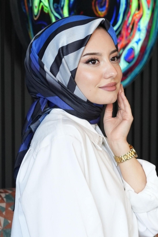 Çizgili Desen Mavi Soft Pamuk Eşarp - 3