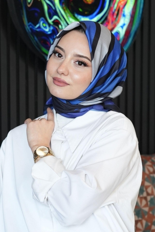 Çizgili Desen Mavi Soft Pamuk Eşarp - 4