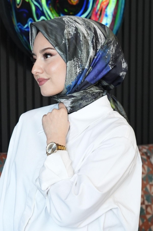 Abstrakt Desen Koyu Gri Soft Pamuk Eşarp - 1