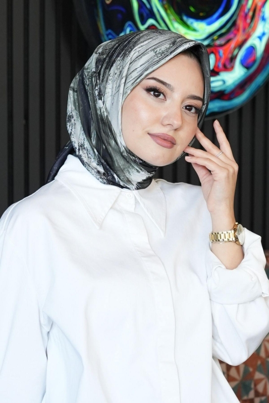 Abstrakt Desen Koyu Gri Soft Pamuk Eşarp - 2