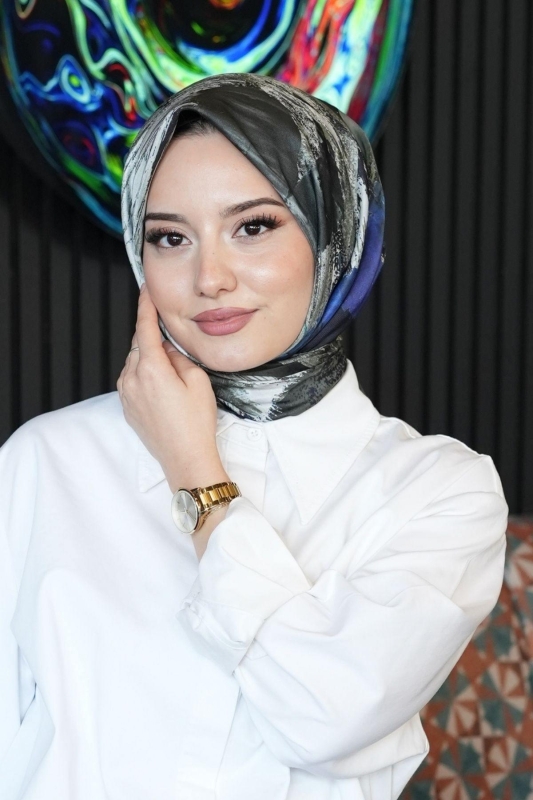 Abstrakt Desen Koyu Gri Soft Pamuk Eşarp - 3