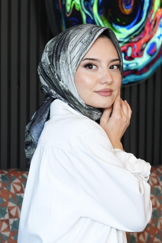 Abstrakt Desen Koyu Gri Soft Pamuk Eşarp - 4