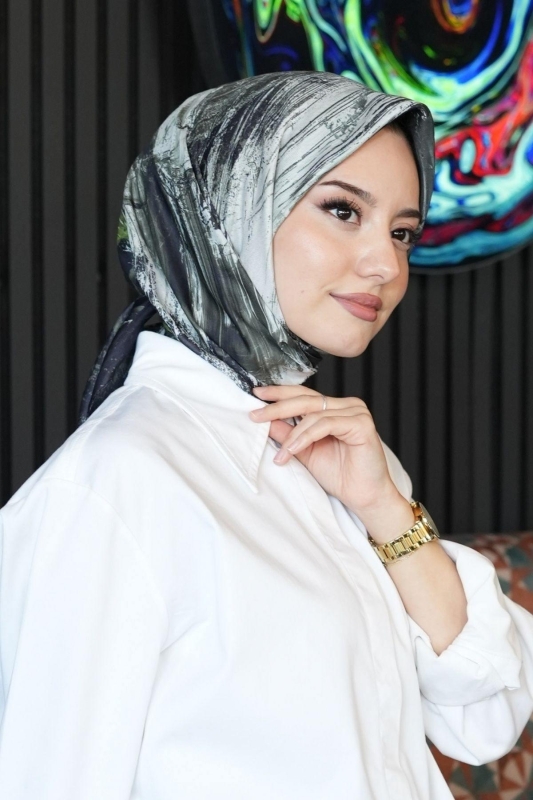 Abstrakt Desen Koyu Gri Soft Pamuk Eşarp - 5