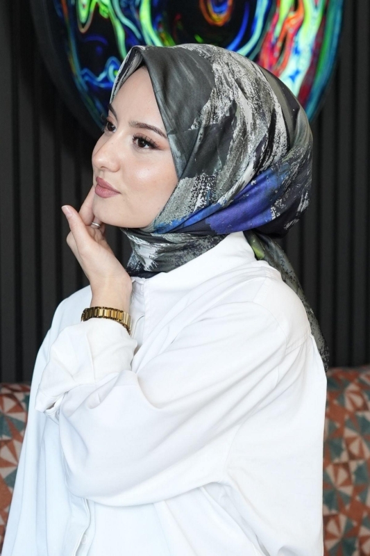 Abstrakt Desen Koyu Gri Soft Pamuk Eşarp - 6