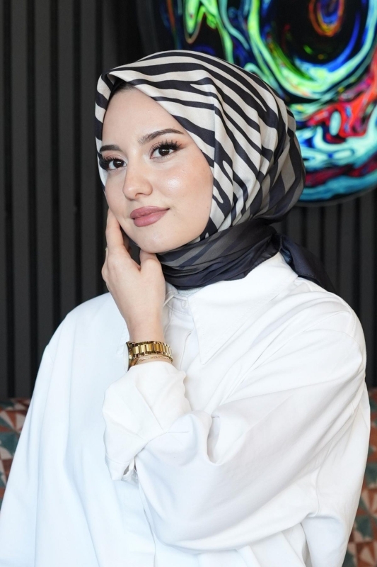 Zebra Desen Siyah Soft Pamuk Eşarp - 1