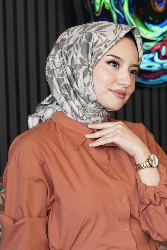 Floral Desen Bej Soft Pamuk Eşarp - 1
