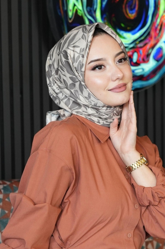 Floral Desen Bej Soft Pamuk Eşarp - 4