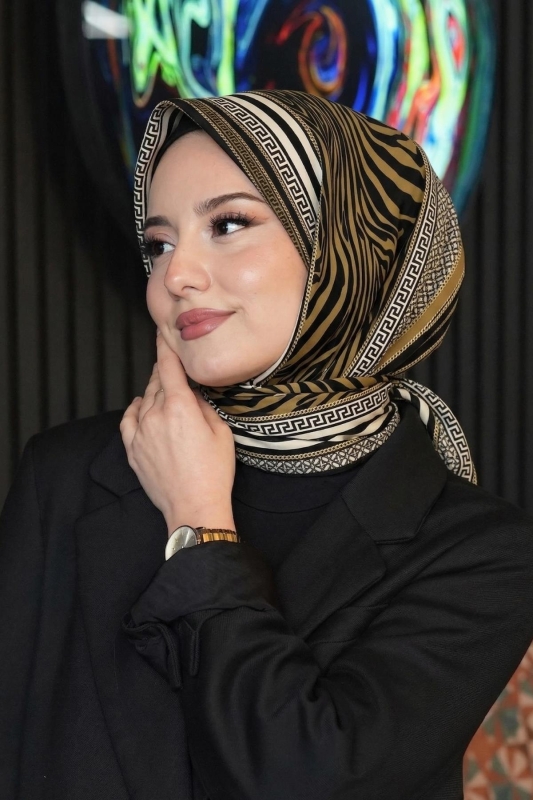 Zebra Desen Altın Soft Pamuk Eşarp - 1