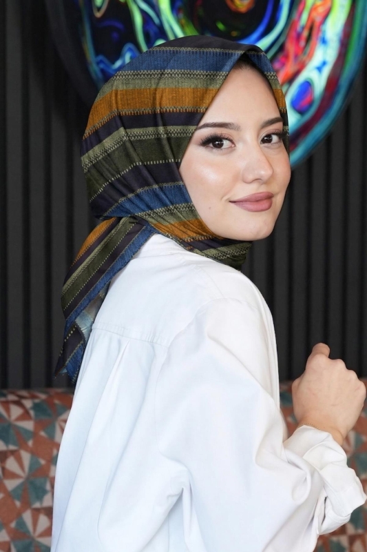 Çizgili Desen Kahverengi Soft Pamuk Eşarp - 1