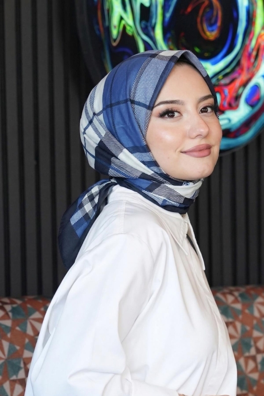 Kare-Çizgili Desen Mavi Soft Pamuk Eşarp - 1