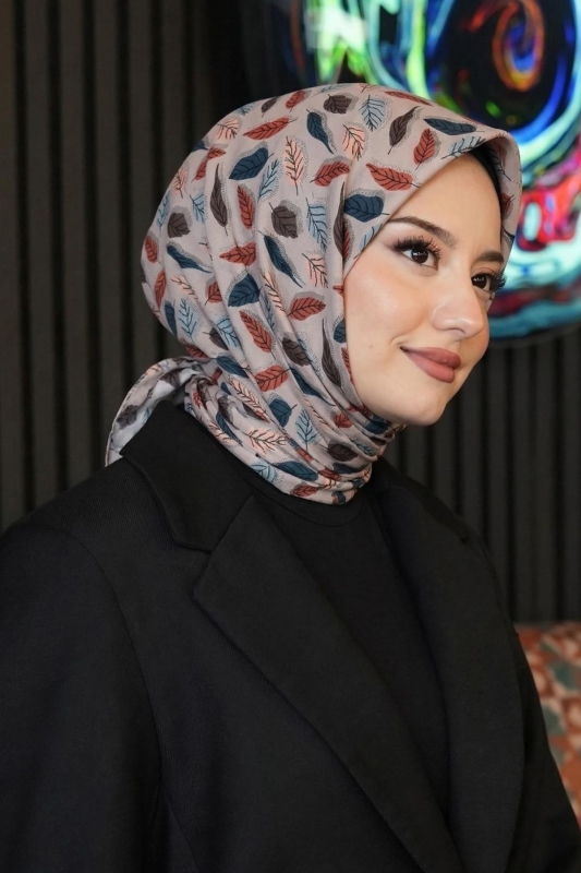 Yaprak Desen Açık-Gri Soft Pamuk Eşarp - 1