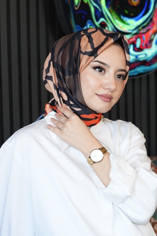 Dallı Desen Turuncu Soft Pamuk Eşarp - 2