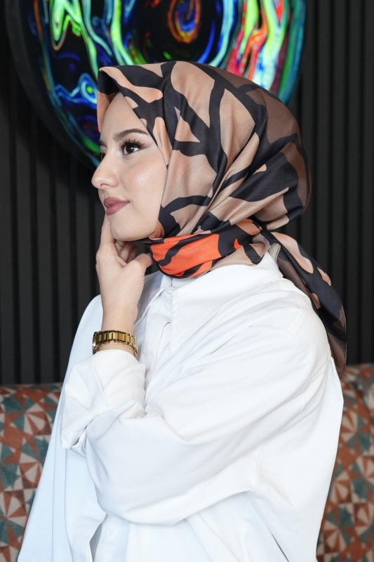 Dallı Desen Turuncu Soft Pamuk Eşarp - 3