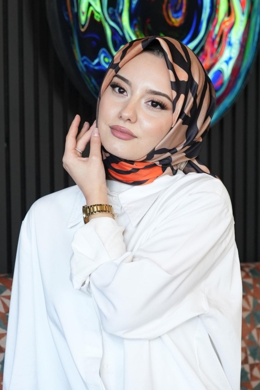 Dallı Desen Turuncu Soft Pamuk Eşarp - 4