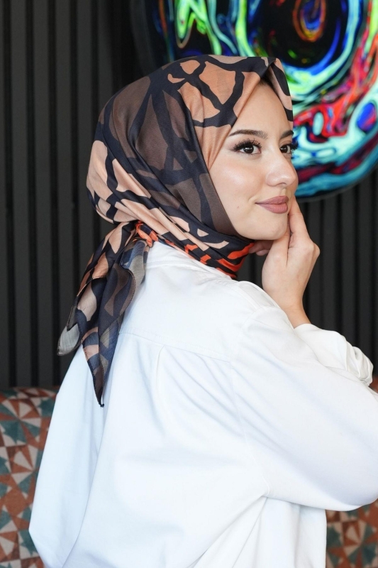 Dallı Desen Turuncu Soft Pamuk Eşarp - 5