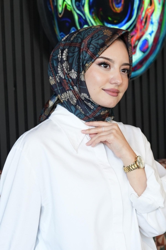 Çiçek Desen Turkuaz Soft Pamuk Eşarp - 1
